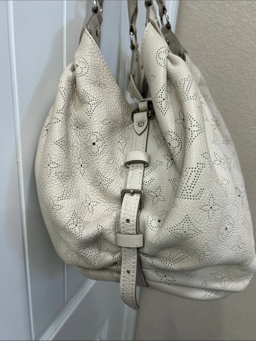 Louis Vuitton Perforated Cream Leather Shoulder Bag with Silver Hardware